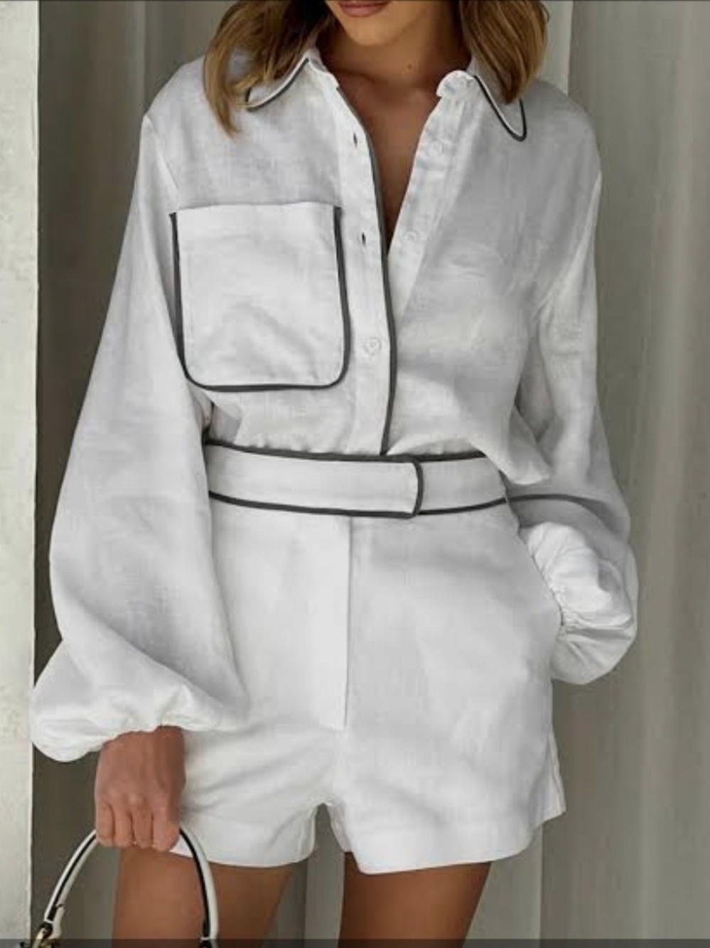 White collared button-down white shirt & Short Linen Cotton Matching Set
